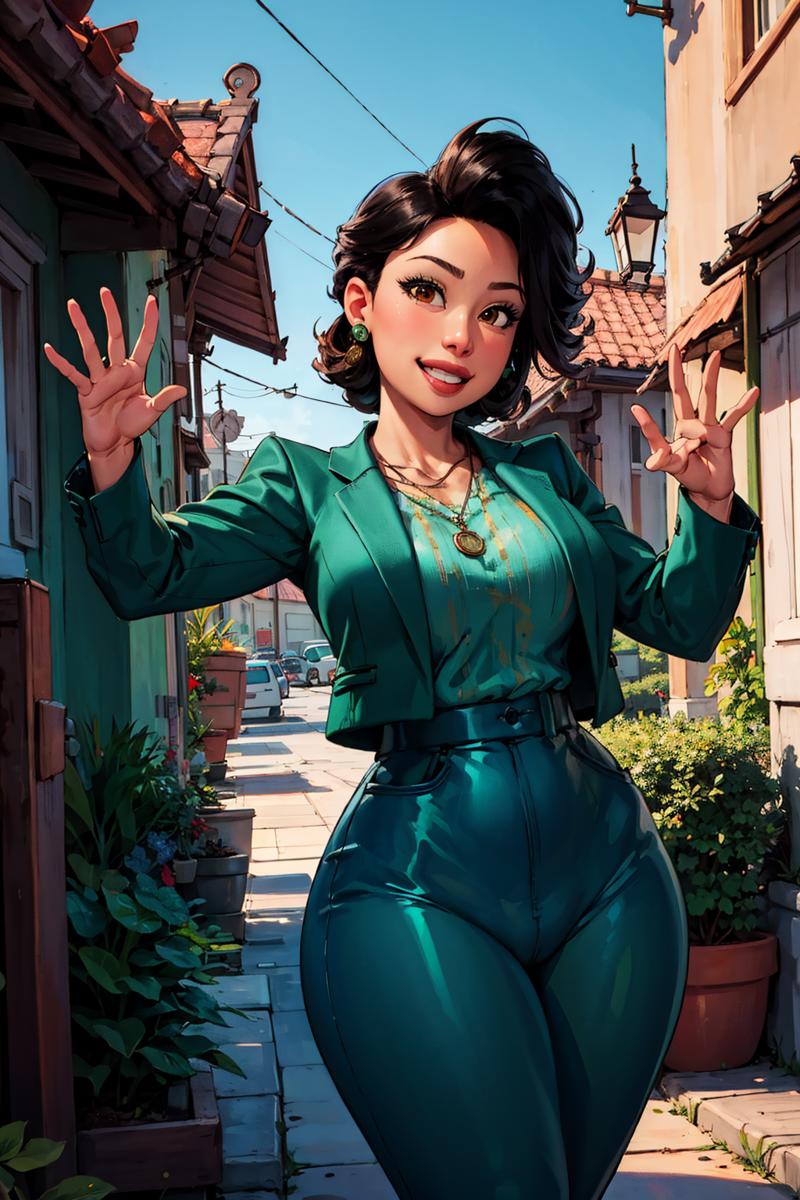 00545-670-minglee, 1girl, green jacket, pants, necklace, smiling, (curvy), town, dynamic pose, _lora_Sett_Ming_Lee_0.7_, milf, masterpiece.png